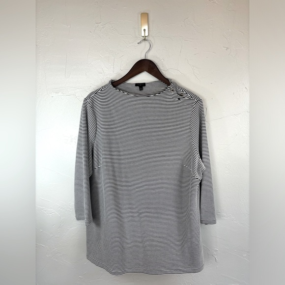 TALBOTS Gold Button Shoulder Pullover 3/4 Sleeve Classic Black White Stripe Prep - Picture 2 of 14